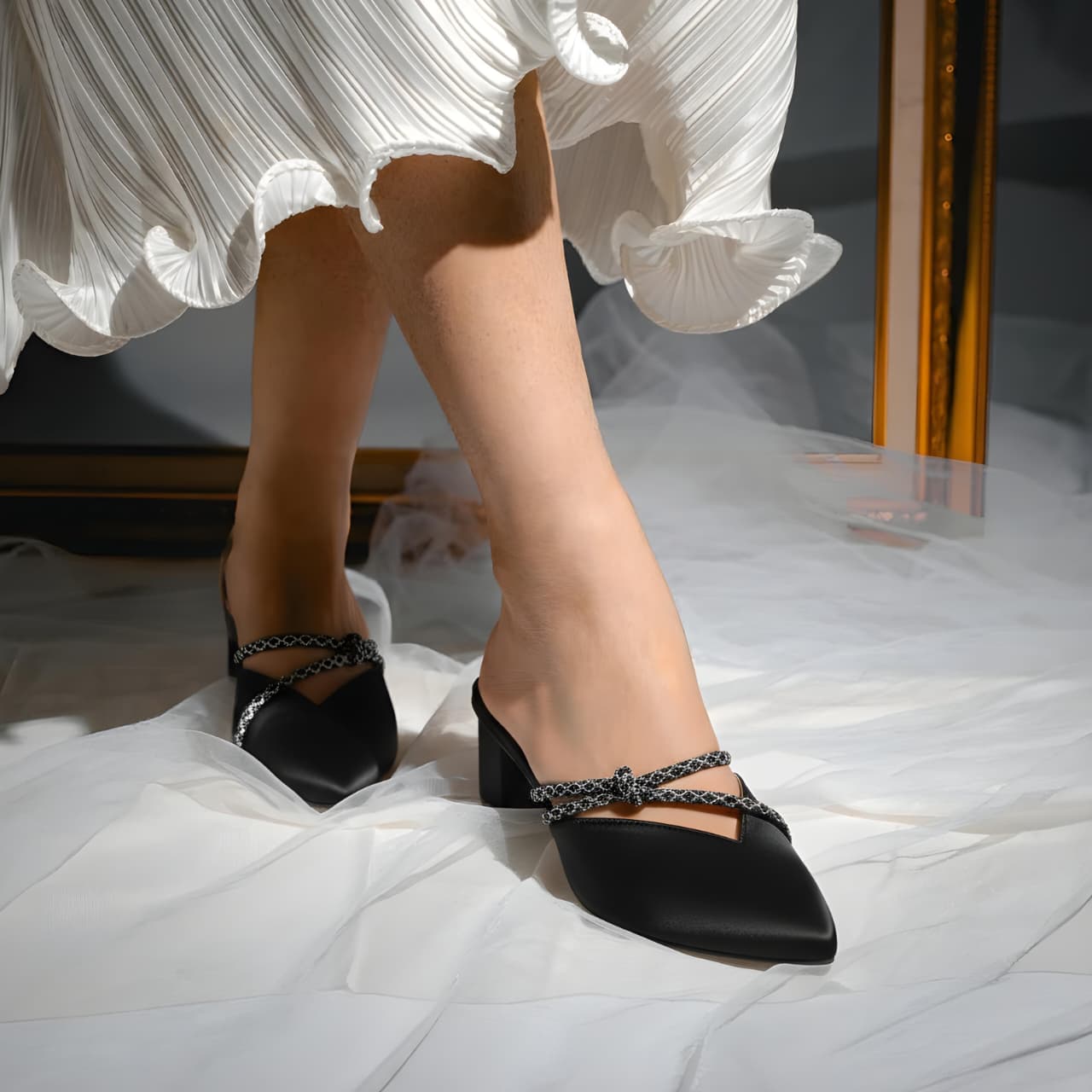 Pointed Rhinestone Block Heels